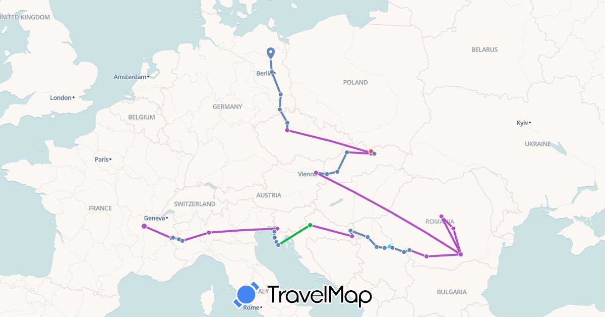 TravelMap itinerary: driving, bus, cycling, train, hiking, boat in Austria, Czech Republic, Germany, France, Croatia, Italy, Romania, Serbia, Slovenia, Slovakia (Europe)